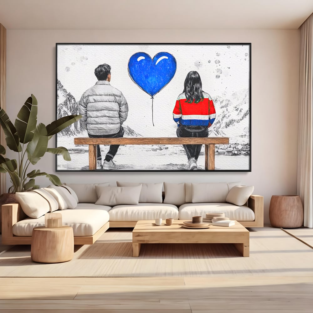 Tablou canvas cu ilustratie cu doi tineri pe banca, in rama de aluminiu negru, pe perete intr-un living